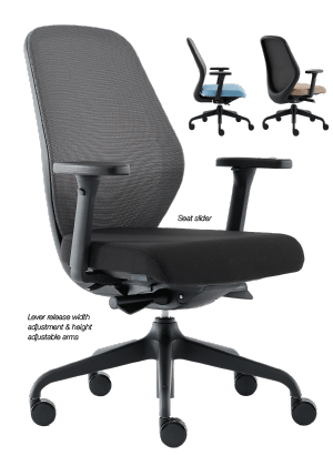 Lever release width adjustment & height adjustable arms Seat slider