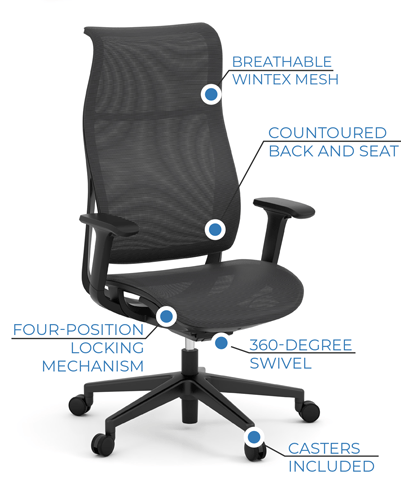 • Breathable Wintex mesh for air flow • Contoured back and seat for ergonomic support • Adjustable pneumatic seat height • Four-position locking mechanism  • Smooth 360-degree swivel • Durable casters for easy mobility