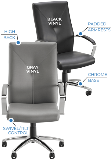 The Evard II Collection High Back Conference Chair combines a tailored executive profile with practical everyday comfort. Upholstered in your choice of Black or Gray vinyl, Evard II features a polished chrome frame and base, padded arms, and a high back for a refined conference or private office setting. Swivel/tilt control, tilt lock, and body weight tension adjustment provide flexible support throughout the workday.