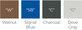 Walnut | Signal Blue | Charcoal | Dove Gray