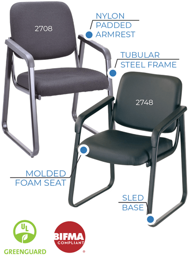 Ashton Collection A reliable choice for reception or guest areas, the Ashton Collection offers comfort and durability with padded armrests, molded foam cushions, and a sleek sled base. Choose from Black Vinyl with a Black Frame or Black Fabric with a Titanium Frame. Both models meet ANSI/BIFMA standards and are Greenguard certified for cleaner indoor air.