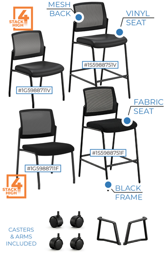 Designed for flexibility across guest, meeting, training, and collaborative spaces, the Transform Collection delivers practical seating with a clean modern look. Stocked in a black mesh back with black frame, these models are available with either a black fabric or black vinyl seat. The guest chair stacks up to 4 high and includes arms, casters, glides, and arm caps to support a range of applications.