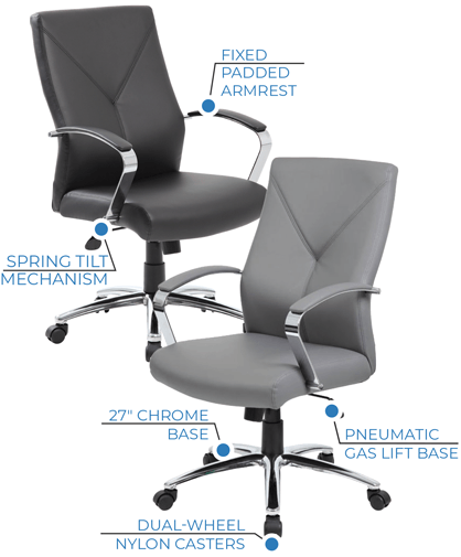 The Evard Executive Chair blends style and everyday comfort with a sleek chrome base and padded fixed arms. Subtle stitching across the backrest adds detail to its modern design, while durable casters and a spring tilt mechanism provide smooth functionality for daily use.