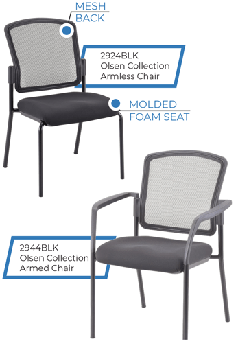 Simple, durable, and versatile, the Olsen Collection delivers comfort and value for a variety of commercial spaces. Designed for office lobbies, guest waiting areas, and educational environments, these guest chairs feature a breathable mesh back, durable fabric seat, and molded foam cushioning. Available in both armless and arm models, the collection also stacks up to 5 high for efficient storage, with optional casters available for added mobility.