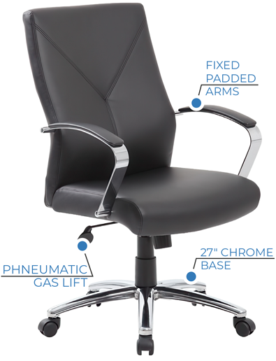Clean and contemporary, the Evard Collection Executive Chair delivers comfort, stability, and polished style. Available in black and gray, it features stitched back detailing, chrome and black padded fixed arms, spring tilt with upright lock and tilt tension, plus a pneumatic gas lift. A wide 27-inch chrome base with dual-wheel casters adds dependable mobility for private offices, executive spaces, and meeting areas.