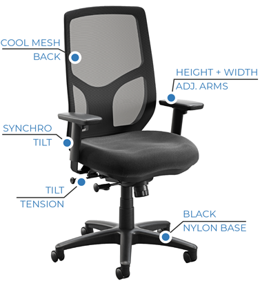 Designed for all-day comfort and dependable performance, the Spark Collection High Back Task Chair combines breathable Cool Mesh support with a generously cushioned seat. Its synchro-tilt mechanism allows the seat and back to move together for more natural movement throughout the workday, while adjustable arms, tilt tension, and upright tilt lock provide personalized support.