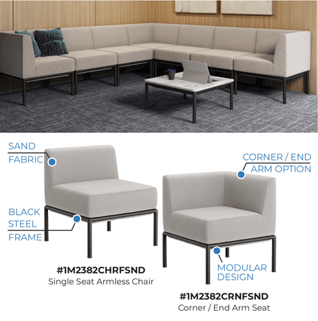 The Oakmont Collection brings a clean, modern approach to modular lounge seating. Its minimalist design combines soft Sand fabric upholstery with a sleek black steel frame for a sturdy, contemporary look. Modular components can be arranged to create flexible seating configurations for lounges, reception areas, collaborative spaces, and office environments.
