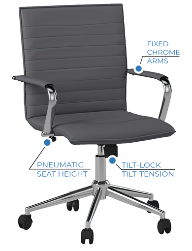 Clean-lined and contemporary, the Vigo Collection Task Chair pairs a ribbed gray vinyl seat and back with polished fixed chrome arms and a high-crown 25-inch chrome base. It features pneumatic seat-height control, 360-degree swivel, and a swivel/tilt mechanism with tilt-lock and tilt-tension for personalized comfort. Ideal for private offices, workstations, and conference or touchdown areas.