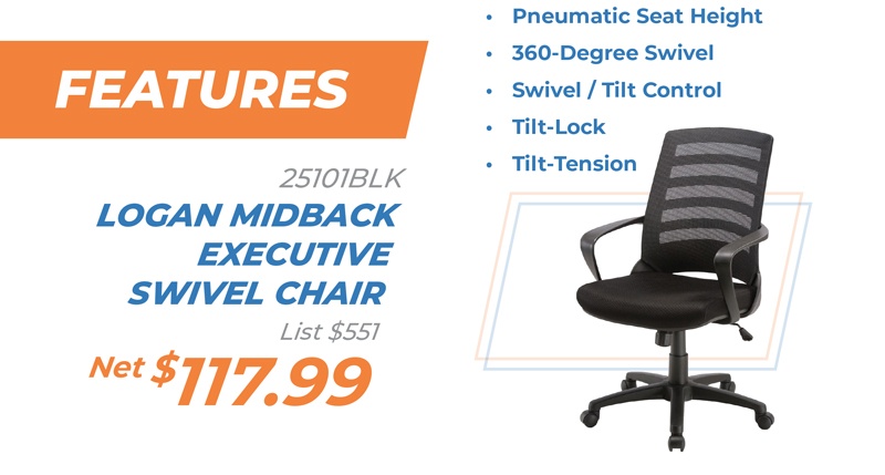 25101BLK Logan Midback Executive Swivel Chair  List $551 Net $117.99