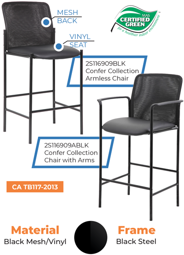The Confer Collection brings durable, elevated seating to café, breakroom, and counter-height spaces. Offered in arm and armless models, these bar-height stools feature a black mesh back, black vinyl seat, and tubular black steel frame for a clean commercial look.
