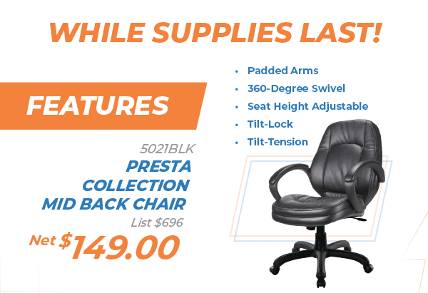 5021BLK Presta Collection  Mid Back Chair  List $696 Net $149.00