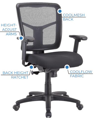 Designed for everyday comfort, this chair combines a breathable mesh back with cooling fabric to keep you comfortable through long workdays. 