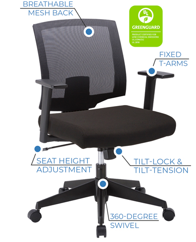 Effort Task Chair with Arms - • Pneumatic Seat Height Adjustment  • 	360-Degree Swivel • 	Breathable Mesh Back • 	Black Fabric Seat • 	Fixed T-Arms • Swivel/Tilt Control with Tilt-Lock and Tilt-Tension