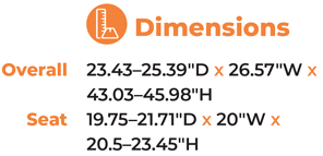 Dimensions Overall 23.43–25.39″D x 26.57″W x 43.03–45.98″H Seat 19.75–21.71″D x 20″W x 20.5–23.45″H