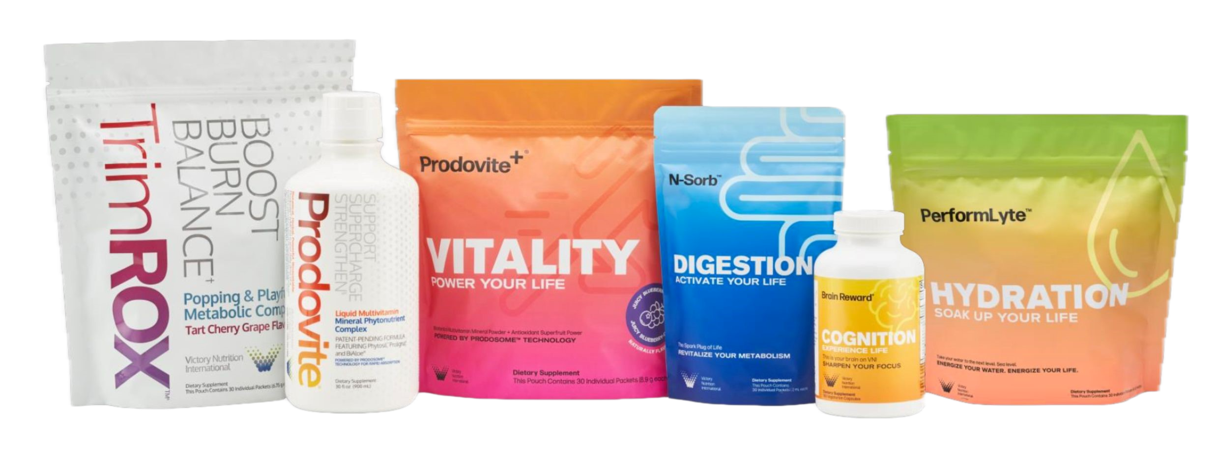 The six VNI products: TrimROX, Prodovite, Prodovite Plus, N-Sorb, Brain Reward and PerformLyte