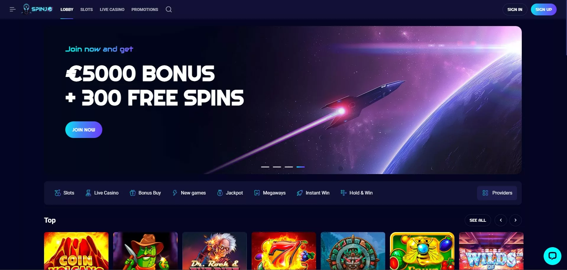 Screenshot of SpinJo homepage