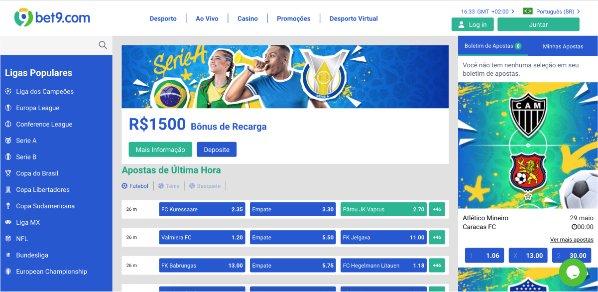 Screenshot of Bet9 homepage