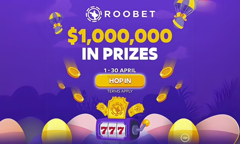 Roobet's logo with details of their April events