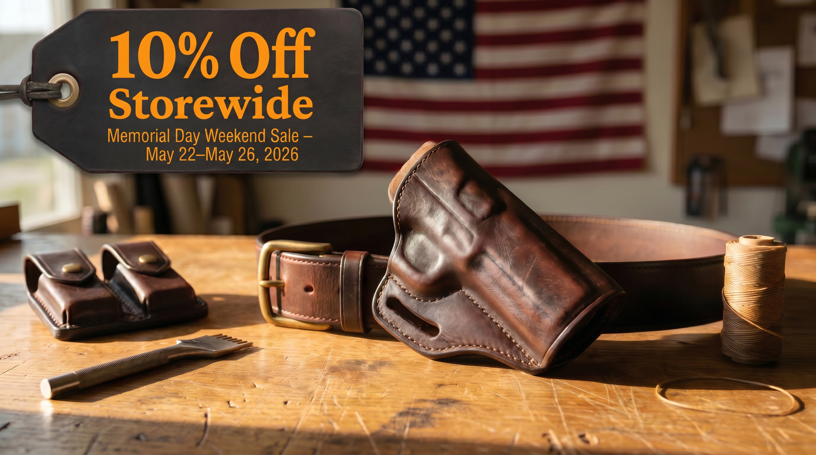 A handcrafted leather holster, gun belt, and leatherworking tools arranged on a worn oak workbench with an American flag softly visible in the background. Text reads: 10% Off Storewide — Memorial Day Weekend Sale, May 22–May 26, 2026.