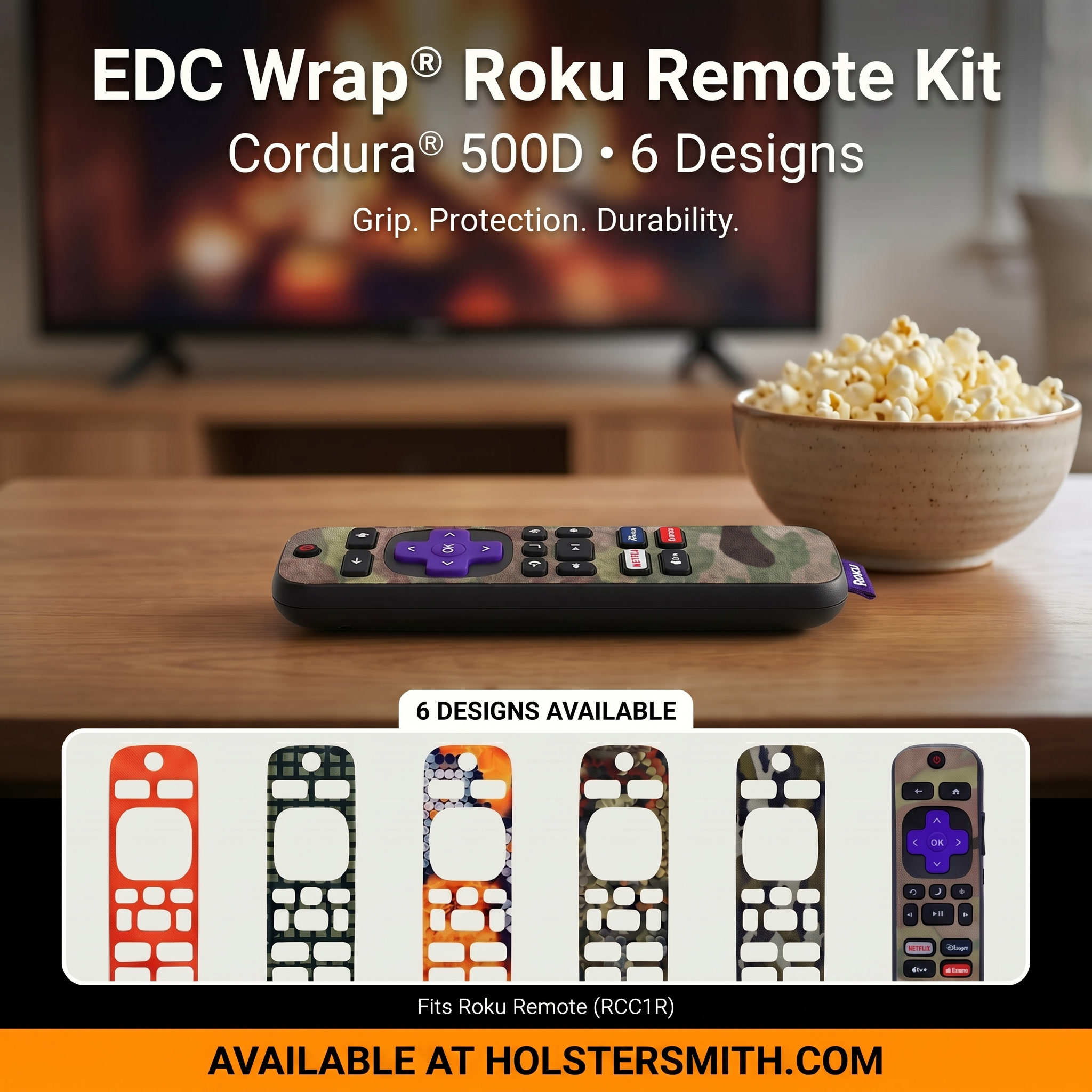 EDC Wrap® Roku Remote (RCC1R) Wrap Kit in Cordura® 500D fabric, shown in six tactical patterns including Multicam®, Blaze Orange, Desert Night Camo, HexCam™ Adirondack, HexCam™ Wasteland, and Mossy Oak® Bottomland — Made in the USA and available at HolsterSmith.com