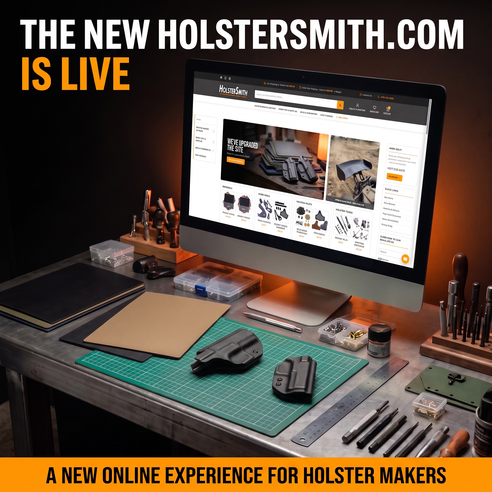 A workbench with holsters and tools on it along with a rectangular object that has been covered with a black satin drape and text that says “Something New is About to be Unveiled“