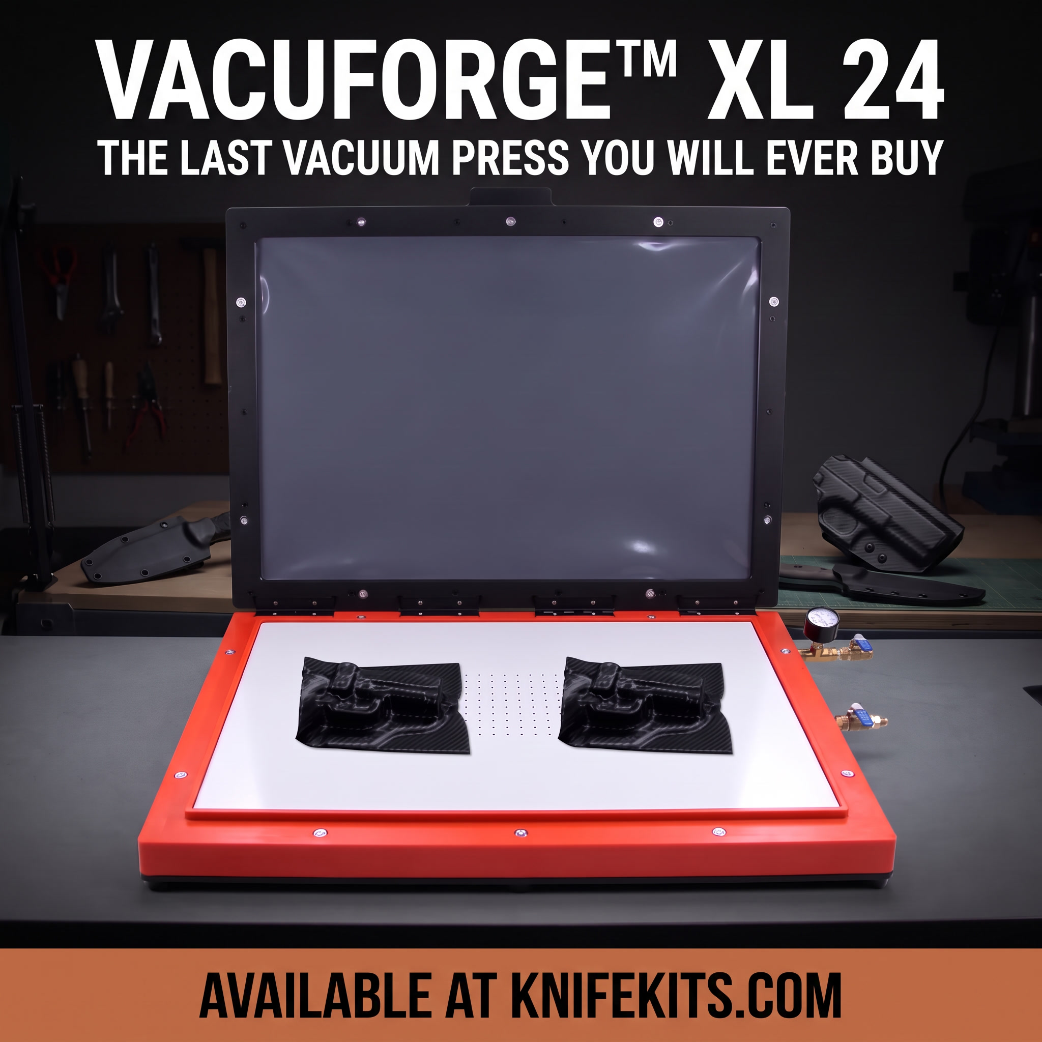 VacuForge™ 16 x 24 inch thermoform vacuum molding press from CKK Industries, made in the USA, with the tagline: The last vacuum press you will ever buy.