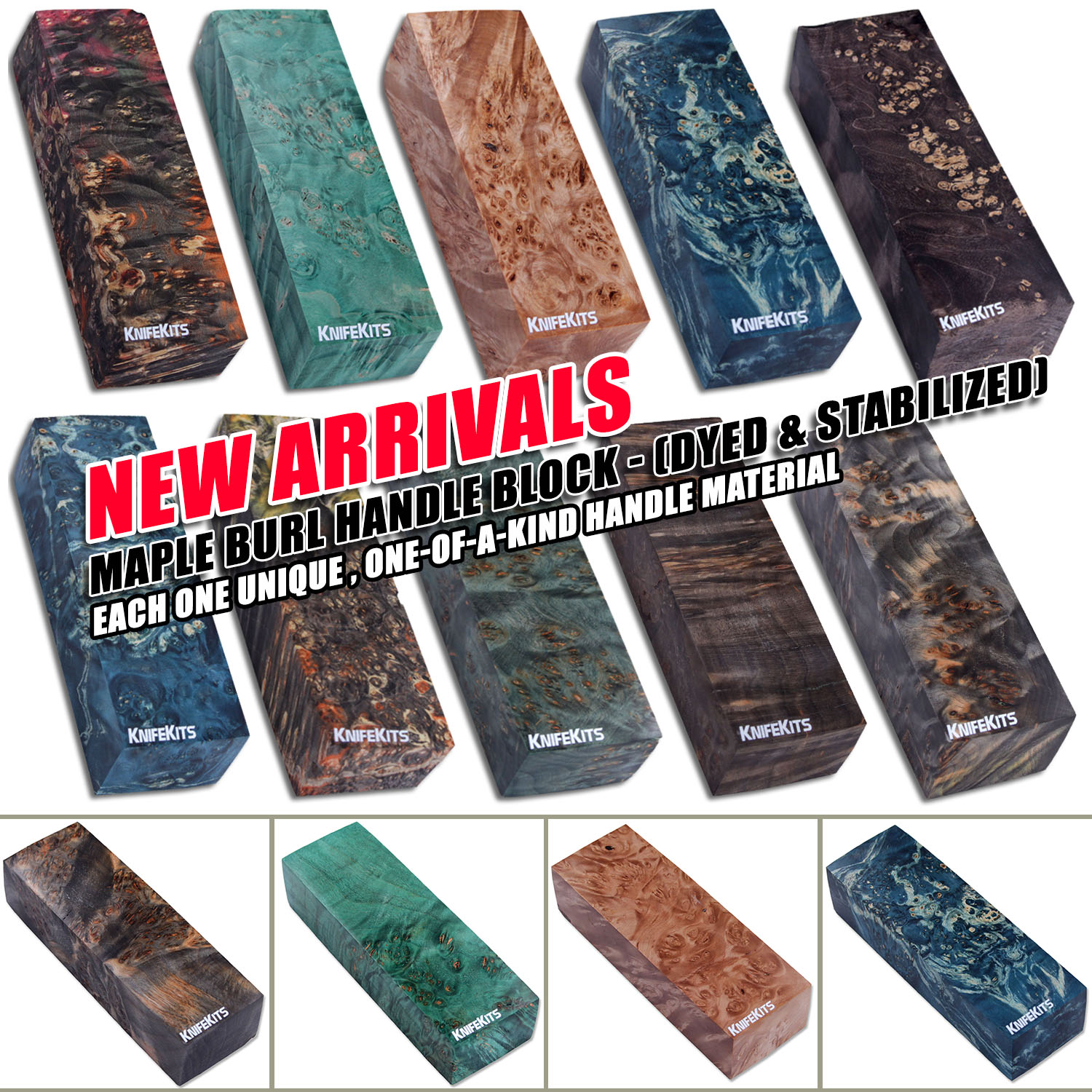 Unique double dyed and stabilized maple burl handle blocks, perfect for custom knife and gun grips.