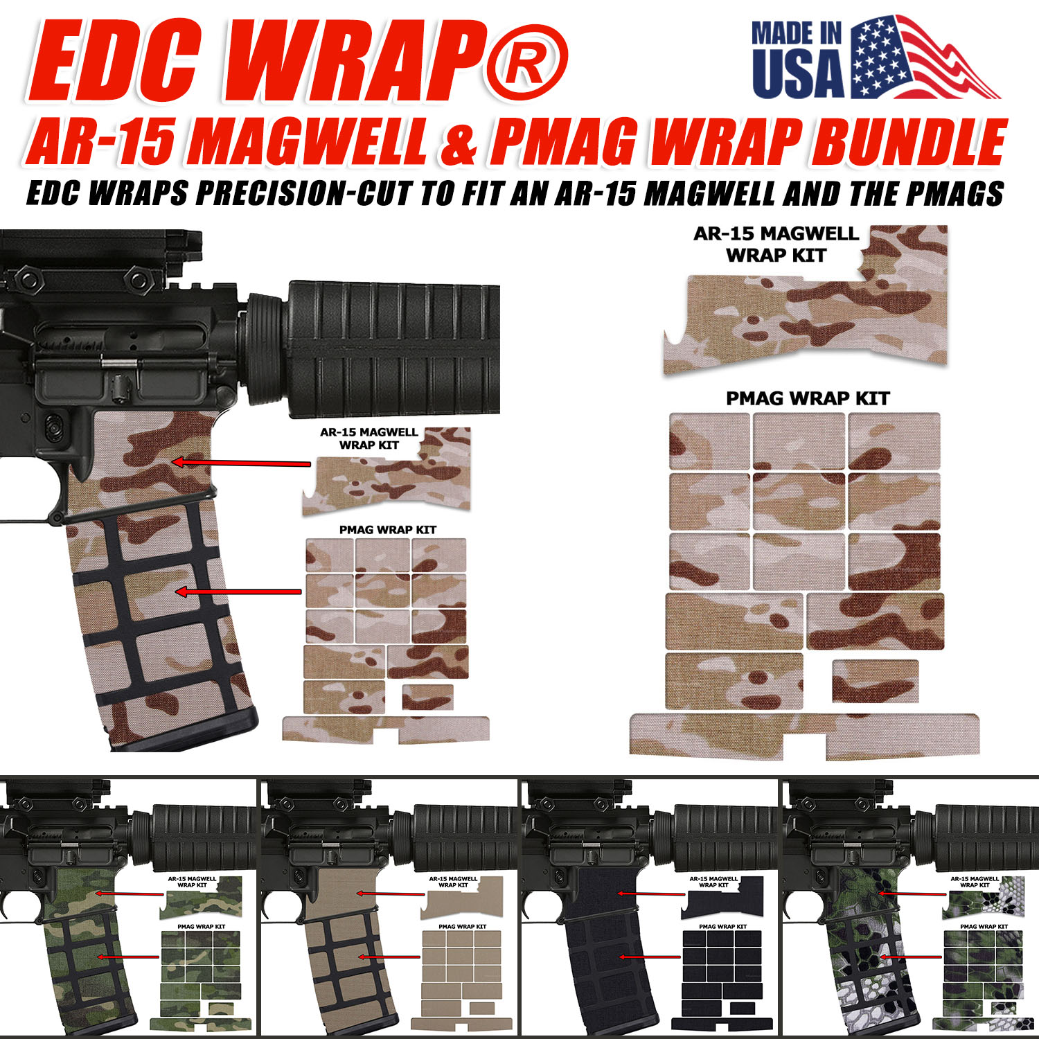 EDC Wrap AR-15 Magwell and PMAG Bundle showing precision-cut grip wraps in multiple colors and patterns