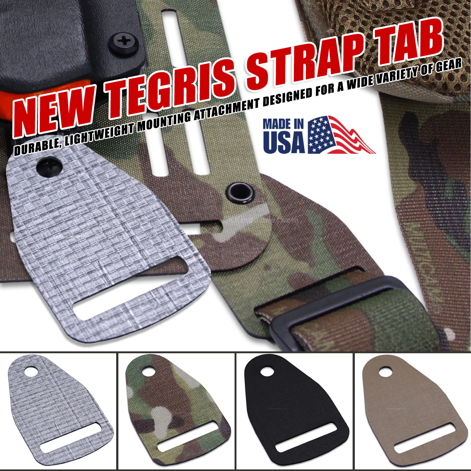 Tegris Strap Tab in black, silver, and camo options shown attached to tactical gear, demonstrating its lightweight, low-profile design for securing straps on holsters, sheaths, and packs.