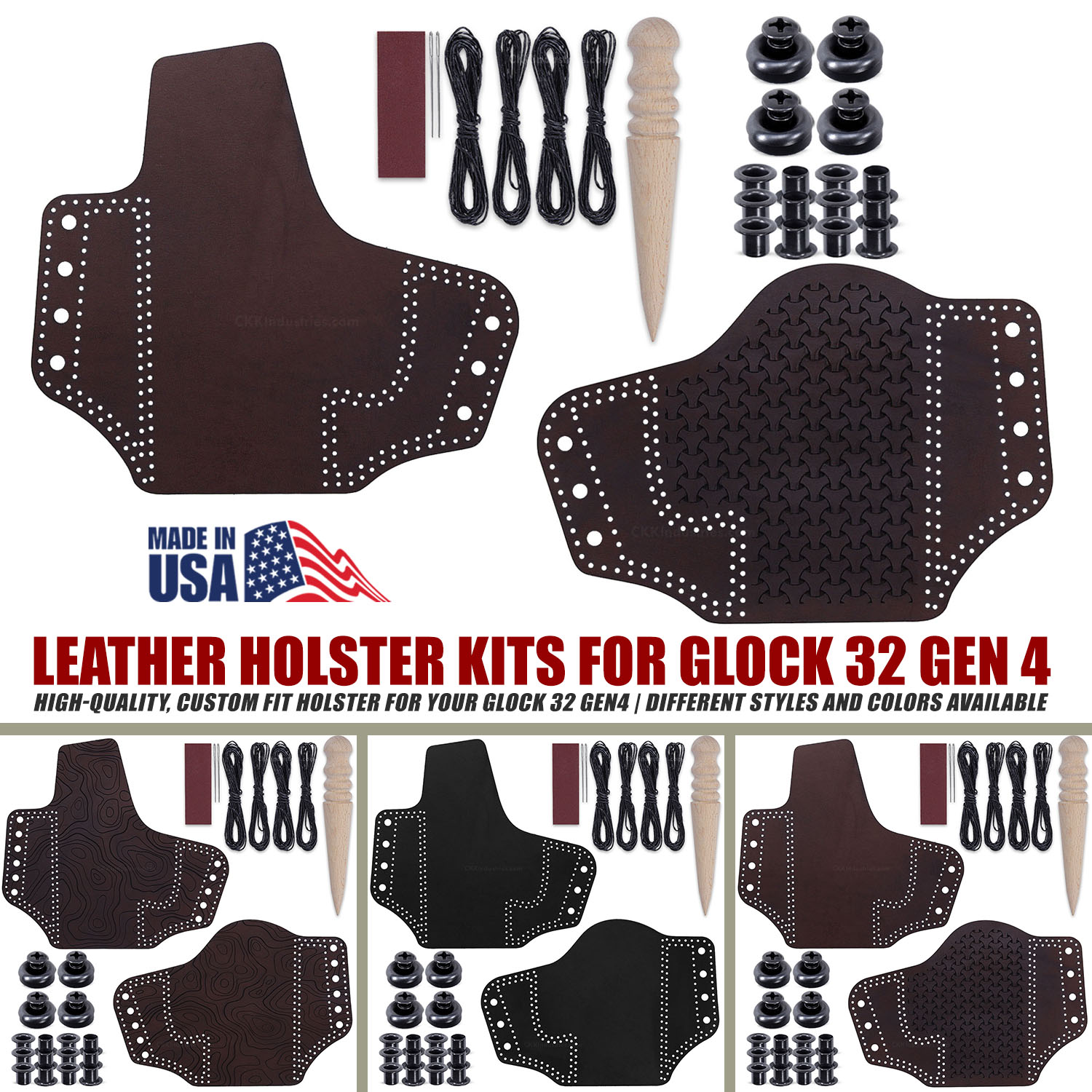 Glock 32 Gen 4 compatible leather holster kit in espresso with pancake style design