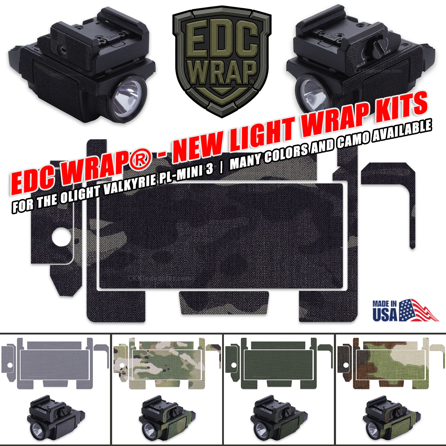 EDC Wrap® Cordura 500D and MatchGrip Texturized Rubber weapon light wraps for Olight Valkyrie PL-Mini 3, demonstrating precision-cut fit and material durability