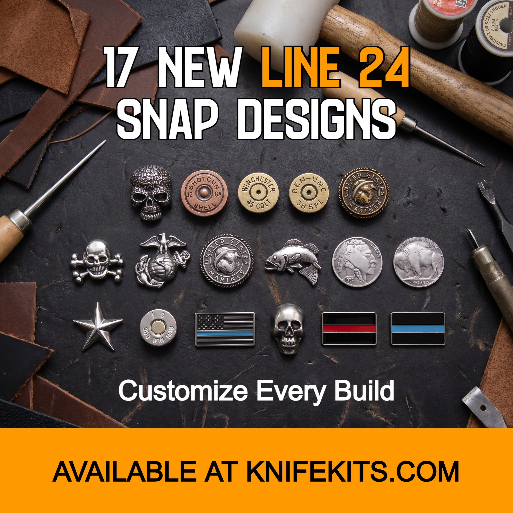 Set of Line 24 Snap hardware pieces shown in seventeen designs such as skulls, bullet caps, coins, and flag styles, arranged on a dark leather background