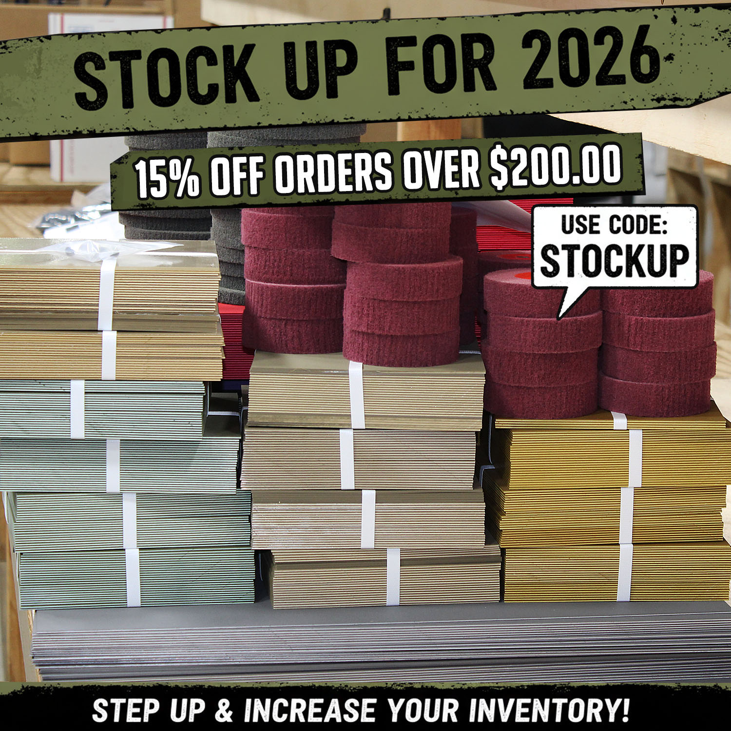 KnifeKits End of Year Sale banner: Stock Up for 2026 with 15% off orders over $200. Coupon code STOCKUP. Sale runs December 26, 2025 through January 5, 2026.