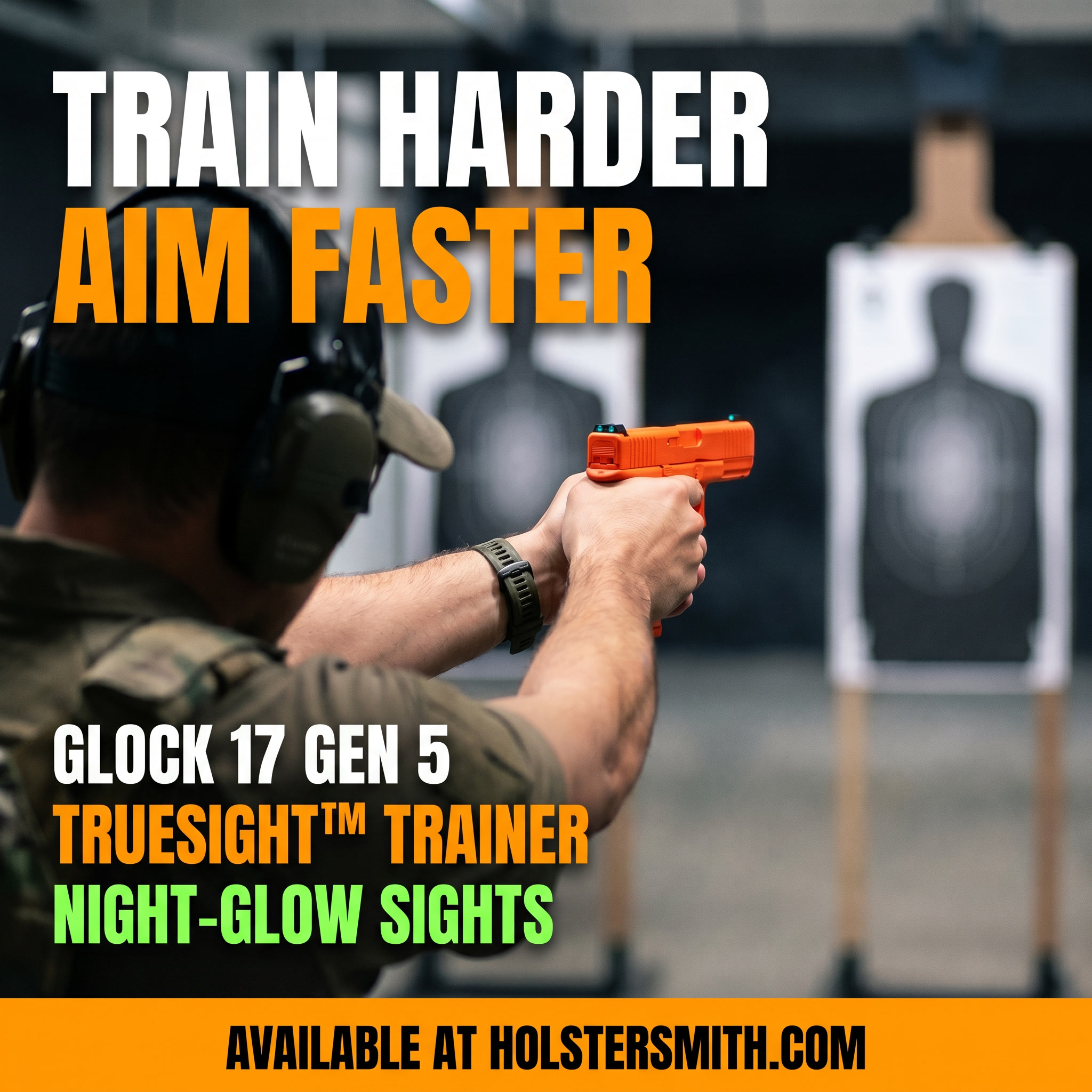 Blaze orange ASM™ training prop replica of a Glock® 17 Gen 5 pistol, showing the metal TrueSight™ night-glow sights mounted on the slide, displayed against a dark charcoal background.