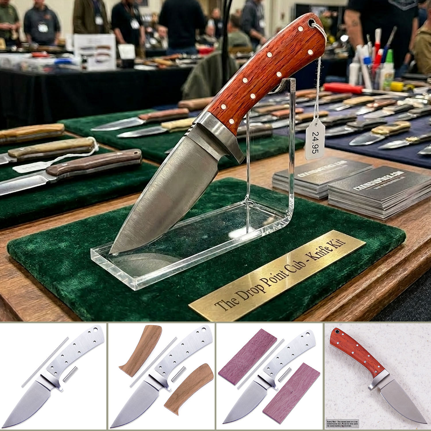 Drop Point Cub knife kit configurations showing blade, hardware, and exotic hardwood handle scales.