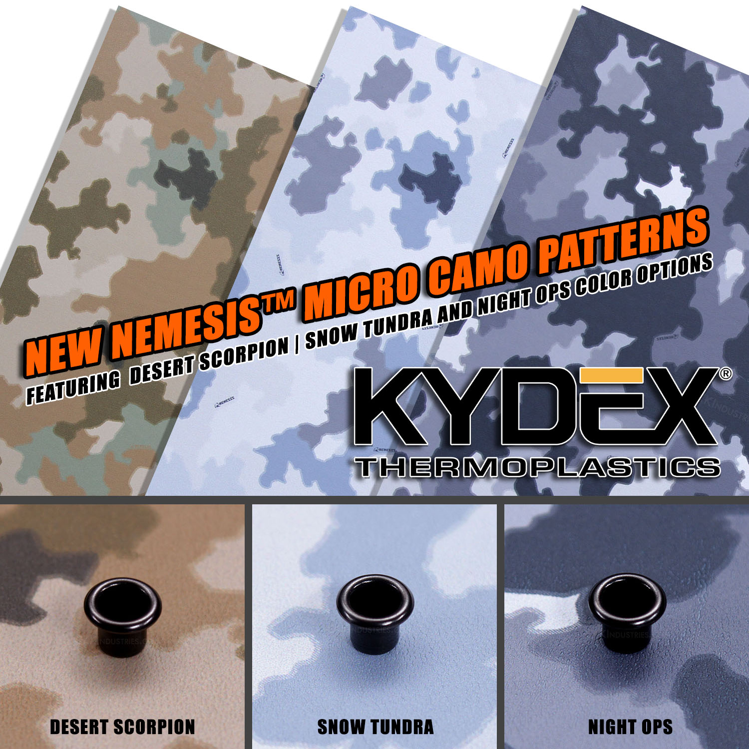 Three KYDEX thermoform sheets in Nemesis Micro camouflage patterns - Desert Scorpion with tan and olive tones, Night Ops in navy and gray, and Snow Tundra in white and blue. Digital infusion technology creates 3D depth effect on premium holster-making material.