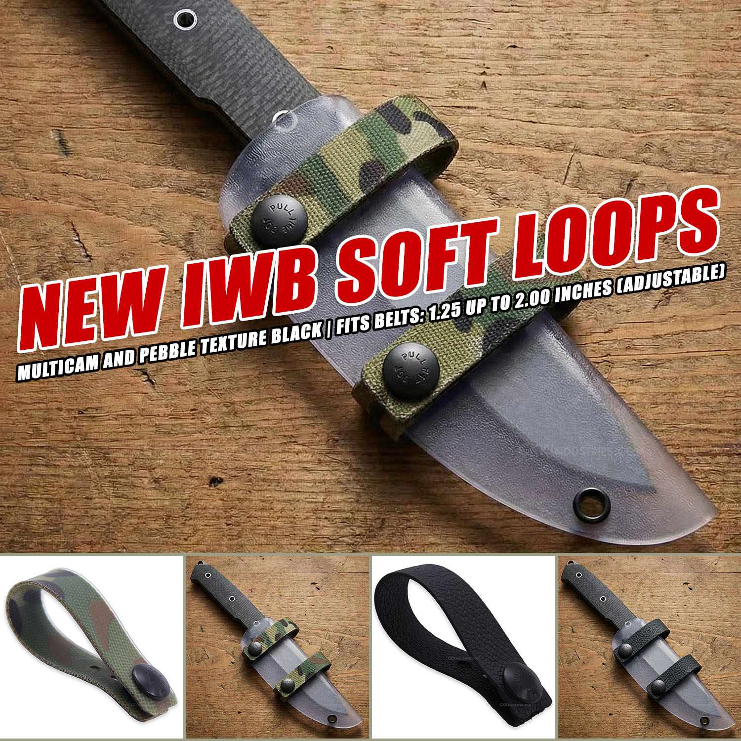 Black Pebble and MultiCam soft belt loops for IWB and OWB holster and sheath builds, now available at KnifeKits.com
