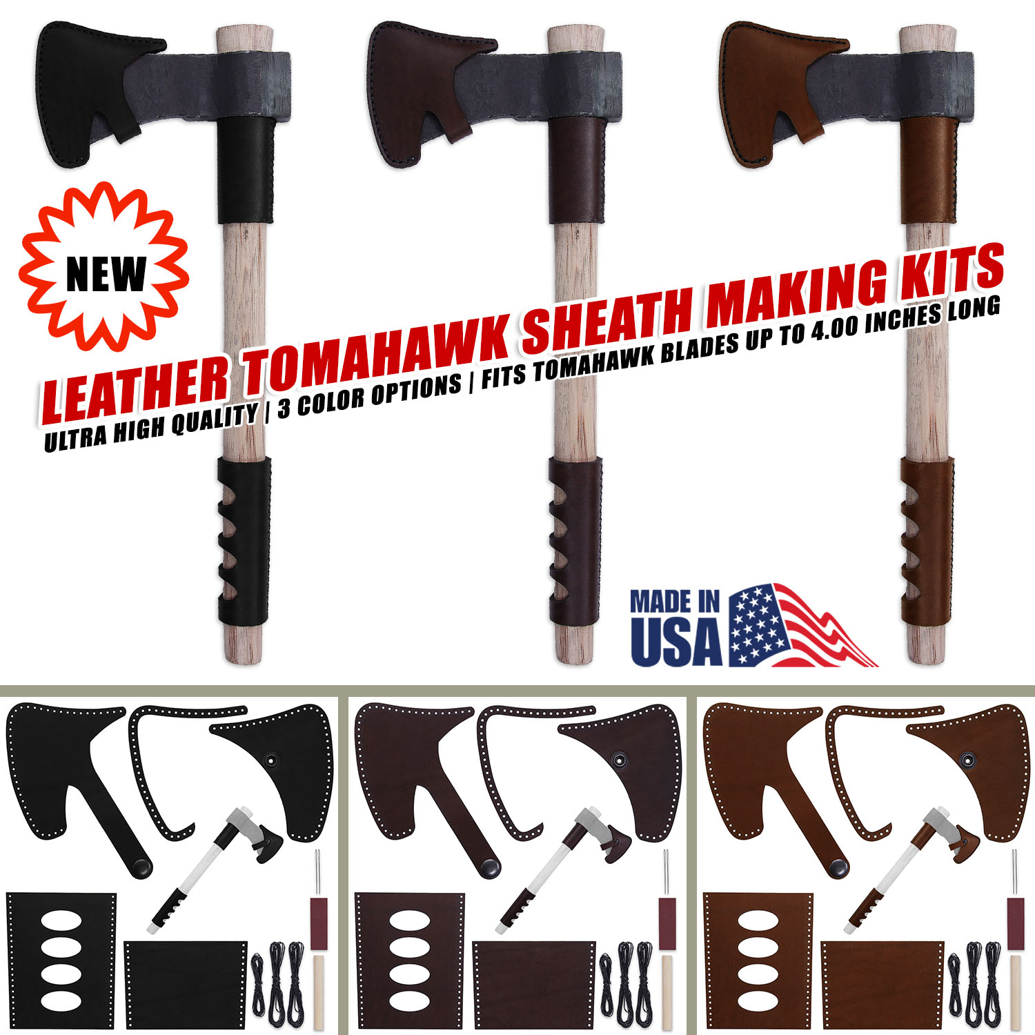 Premium 8-9oz top-grain leather tomahawk sheath kit in black, espresso, and London tan with included tools