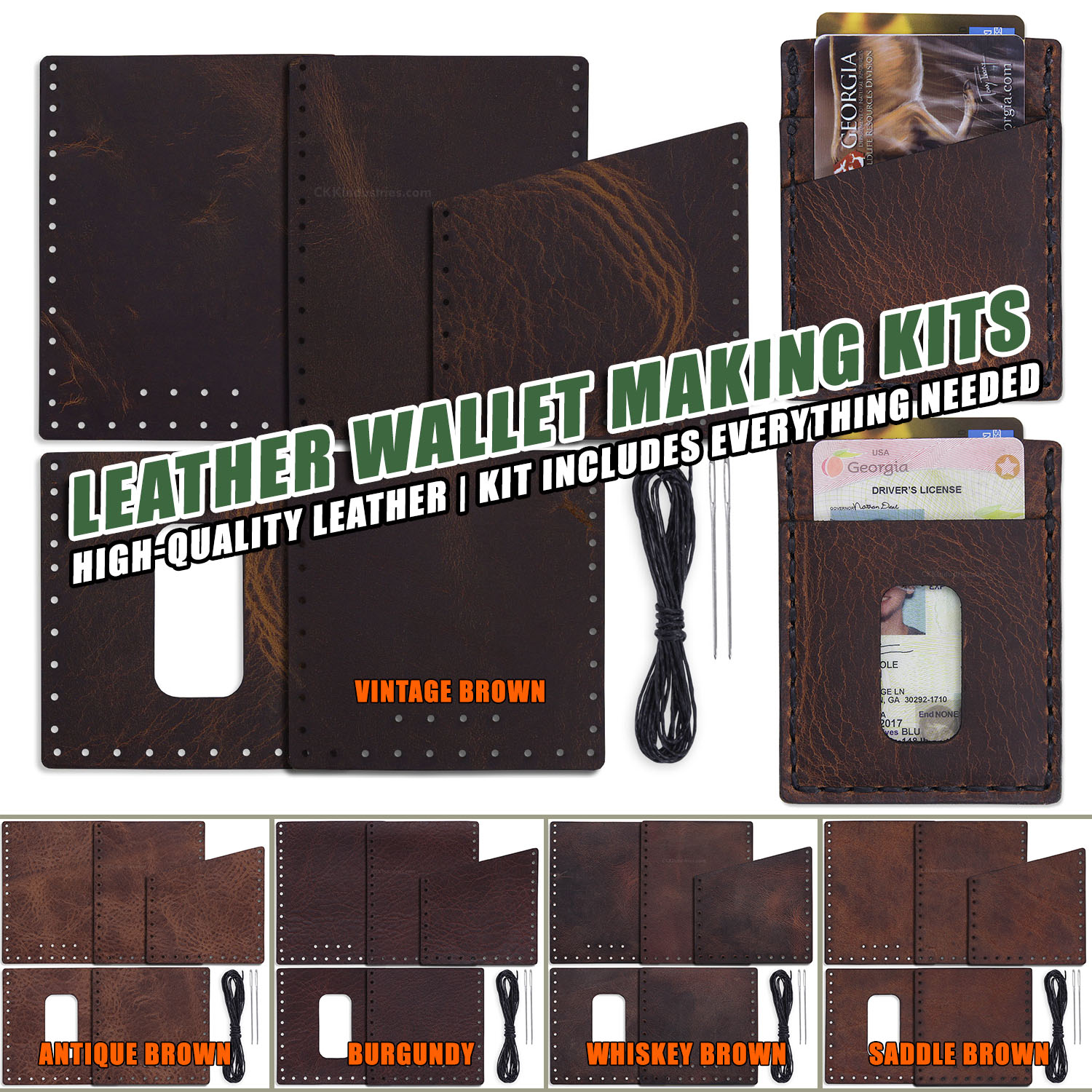 Leather Wallet Making Kit with pre-cut brown leather pieces, threading needles, and waxed thread on workshop table