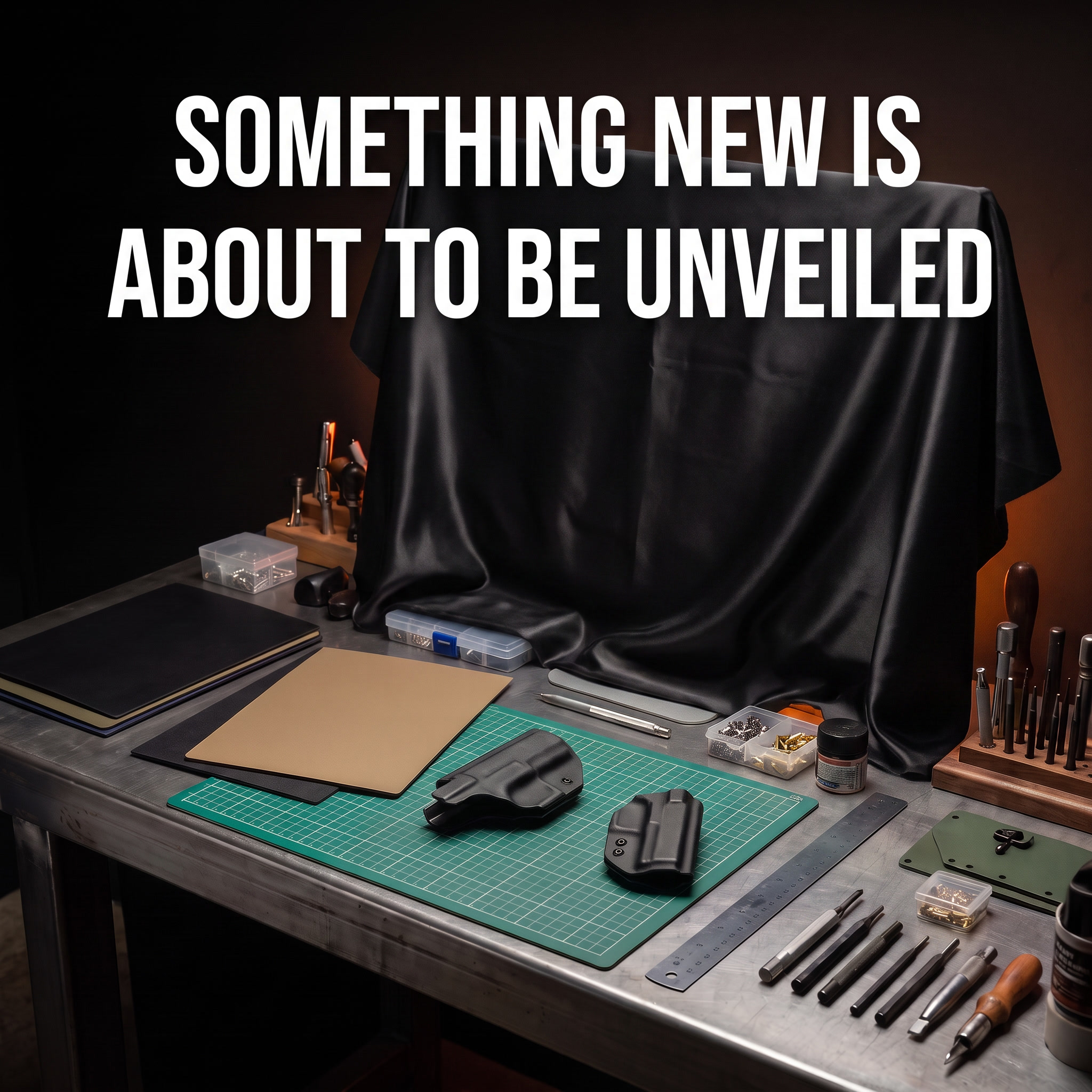 A workbench with holsters and tools on it along with a rectangular object that has been covered with a black satin drape and text that says “Something New is About to be Unveiled“
