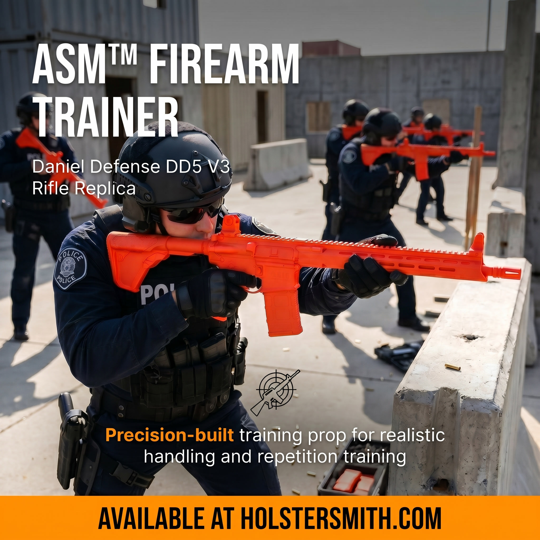 ASM™ Firearm Replica Trainer for the Daniel Defense® DD5 V3 Rifle in Blaze Orange matte finish. A precision-built, dimensionally accurate, inert training prop manufactured by American Safety Molds™ and compliant with U.S. Federal color safety guidelines. Designed for hard-use training drills, weapon retention practice, and scenario-based exercises.