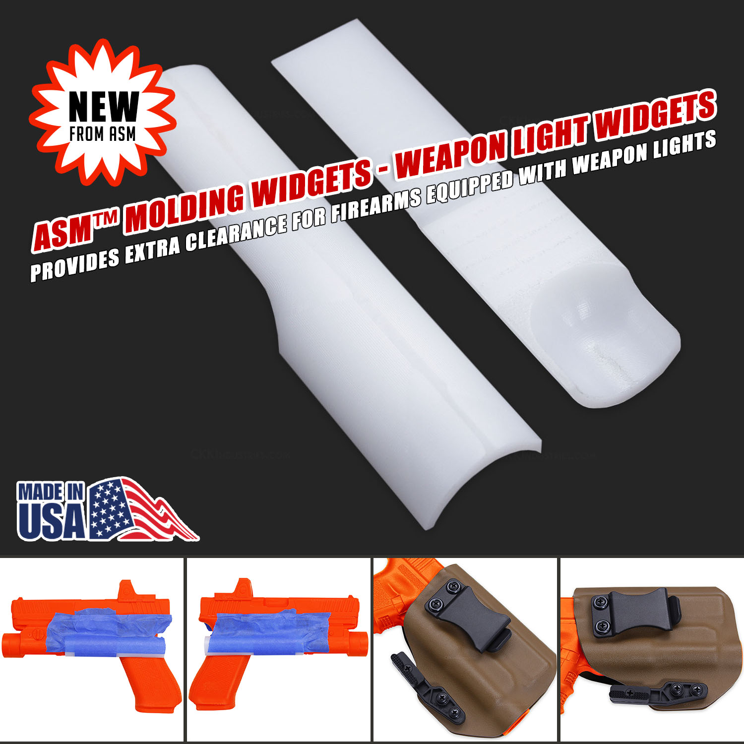 Two white ASM molding widgets displayed on dark background with “NEW FROM ASM“ badge, showing weapon light clearance tools for holster making with comparison images below demonstrating proper molding technique and finished holster results
