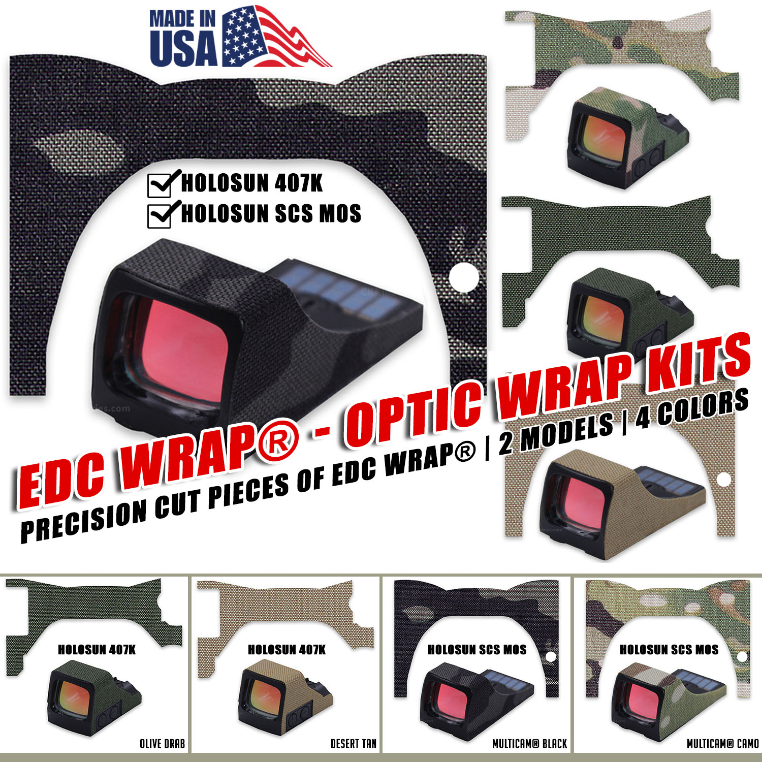 EDC Wrap Optic Kit showing precision-cut Cordura fabric pieces designed to fit Holosun 407K and SCS MOS optics, displayed in Desert Tan, MultiCam, MultiCam Black, and Olive Drab color options