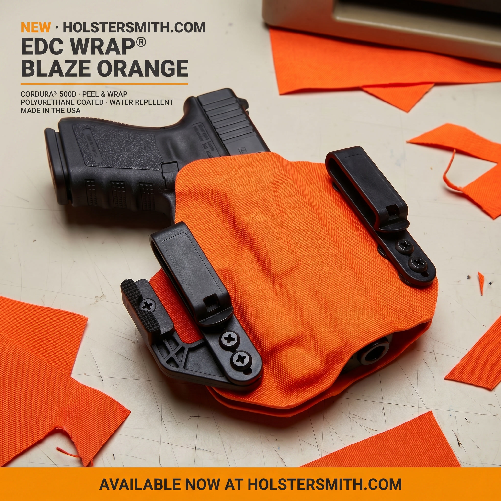 EDC Wrap® Adhesive Wrap in Blaze Orange Cordura® 500D fabric by CKK Industries, shown on a pistol holster made in the USA — available at HolsterSmith.com