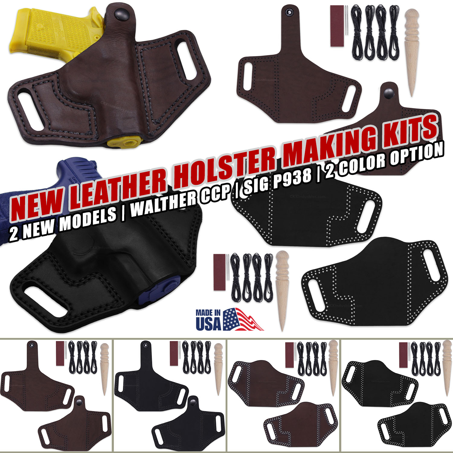 Walther CCP Pancake and SIG P938 Thumb Break leather holster making kits displayed in Espresso and Black leather with included tools and components
