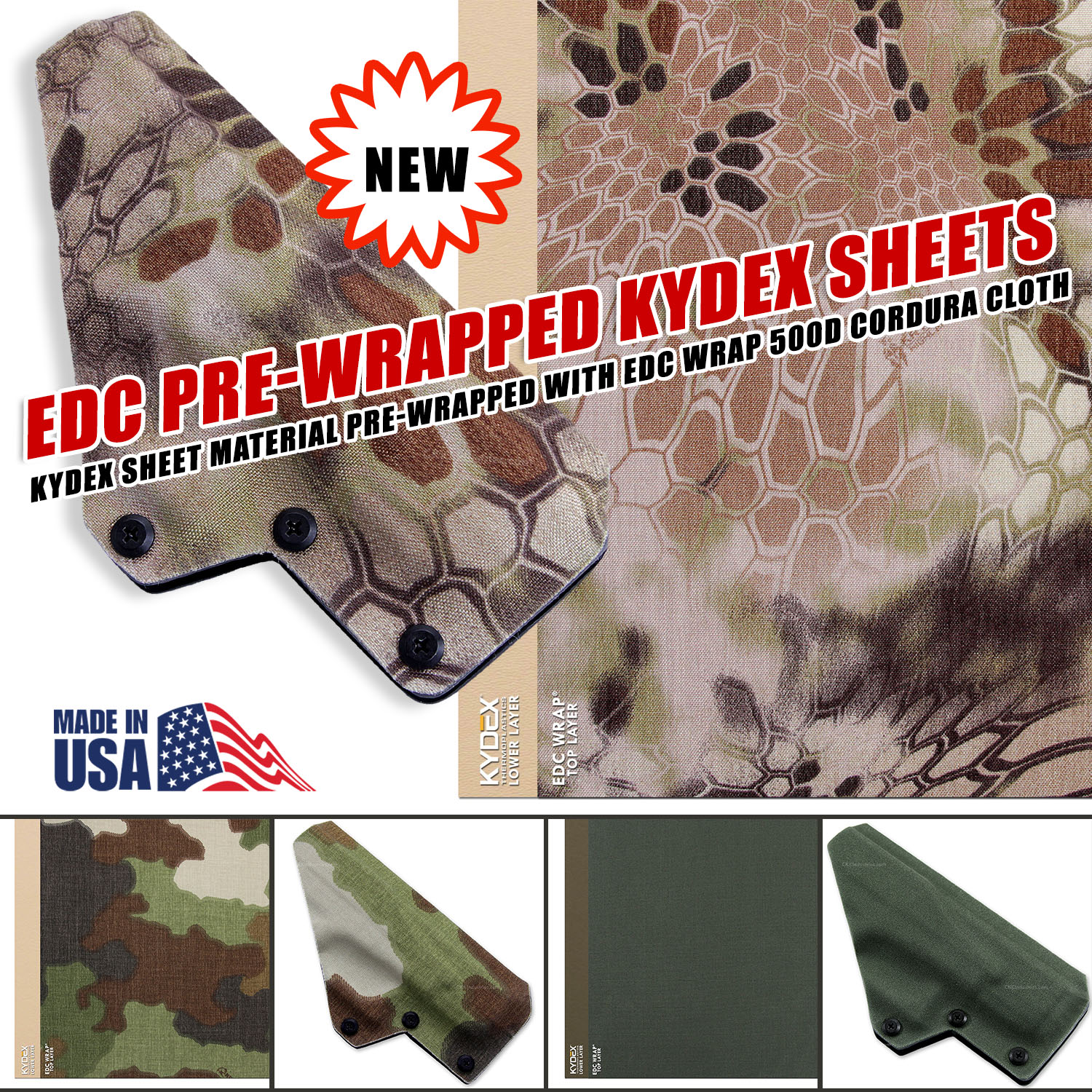 EDC Wrapped Kydex sheet showing 500D Cordura fabric pre-applied to .080 inch KYDEX thermoplastic in tactical pattern, ready for thermoforming holsters and sheaths