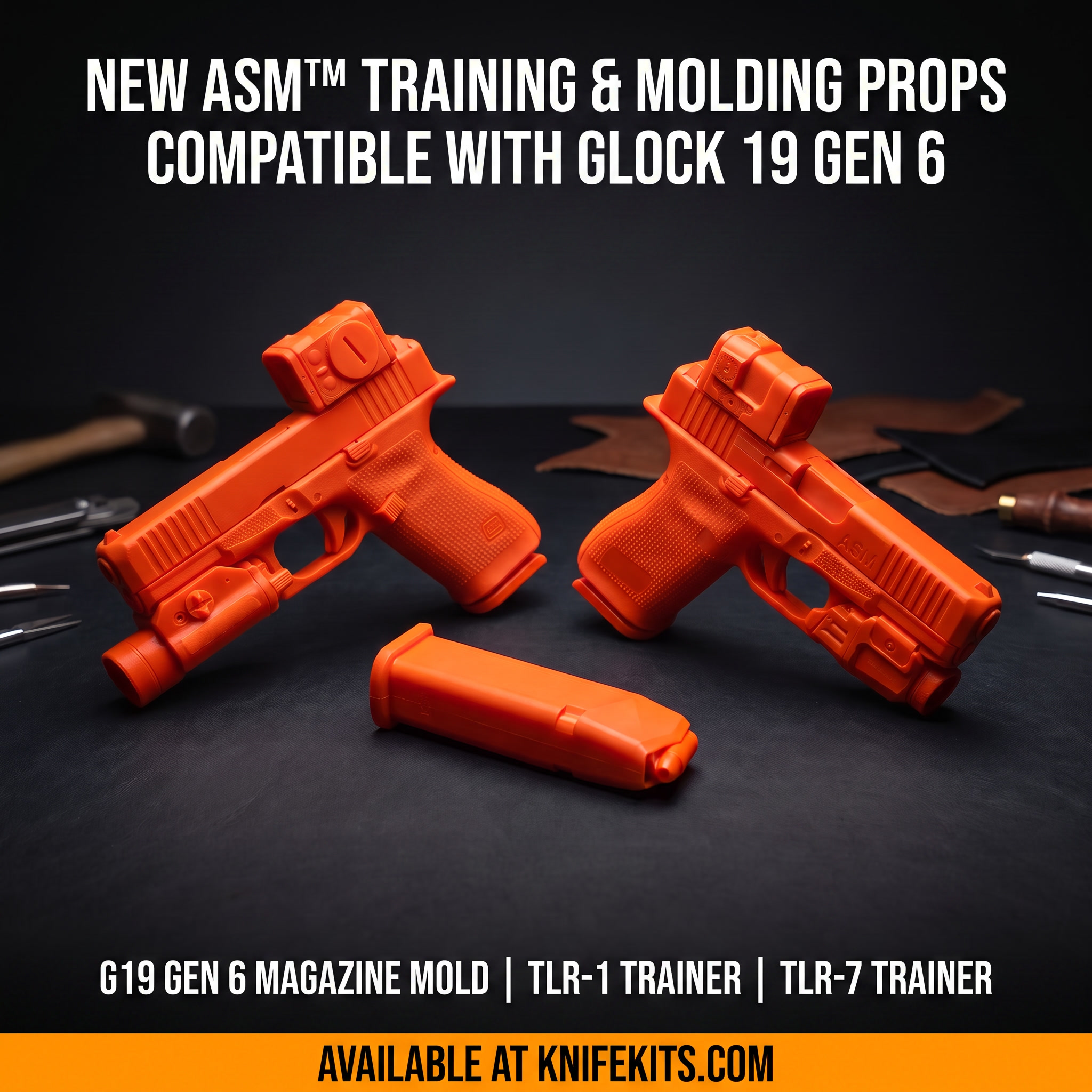 Three blaze orange American Safety Molds firearm replicas for the Glock 19 Gen 6, including a magazine molding prop and two weapon-light trainers, arranged on a dark holster-making workbench