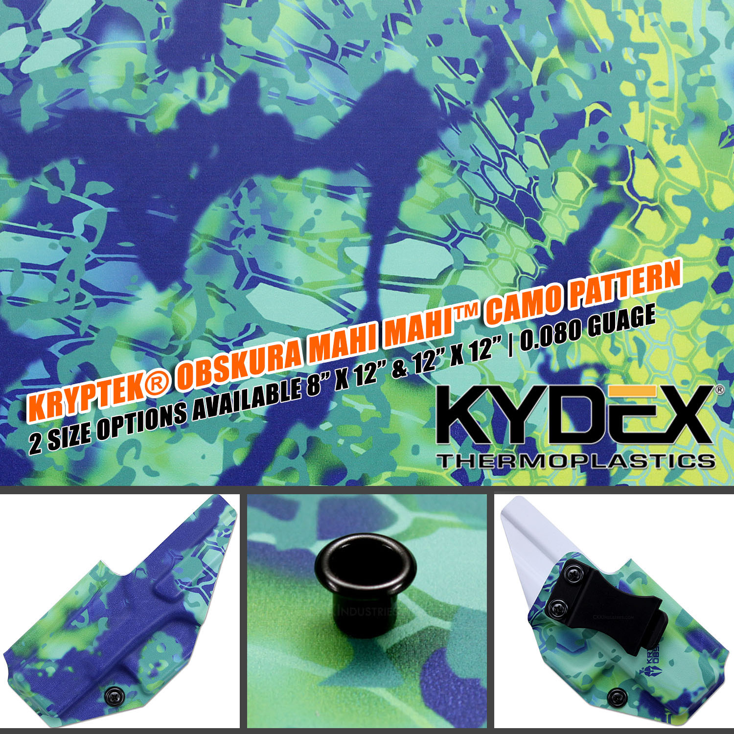 Kryptek® Obskura Mahi Mahi™ Camo Kydex® Sheet in vibrant blues and greens, perfect for holsters and knife sheaths.