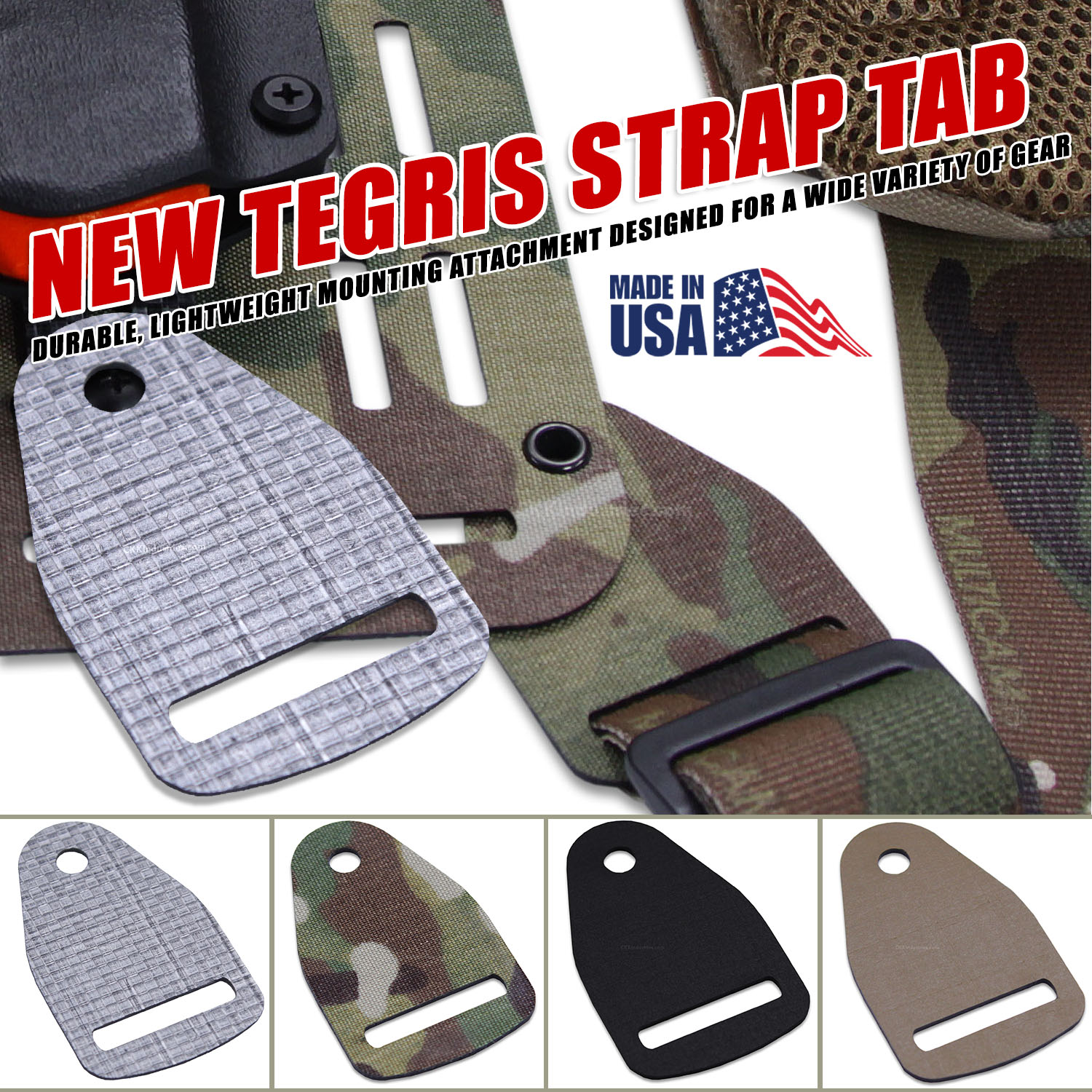 Tegris Strap Tab in black, silver, and camo options shown attached to tactical gear, demonstrating its lightweight, low-profile design for securing straps on holsters, sheaths, and packs.