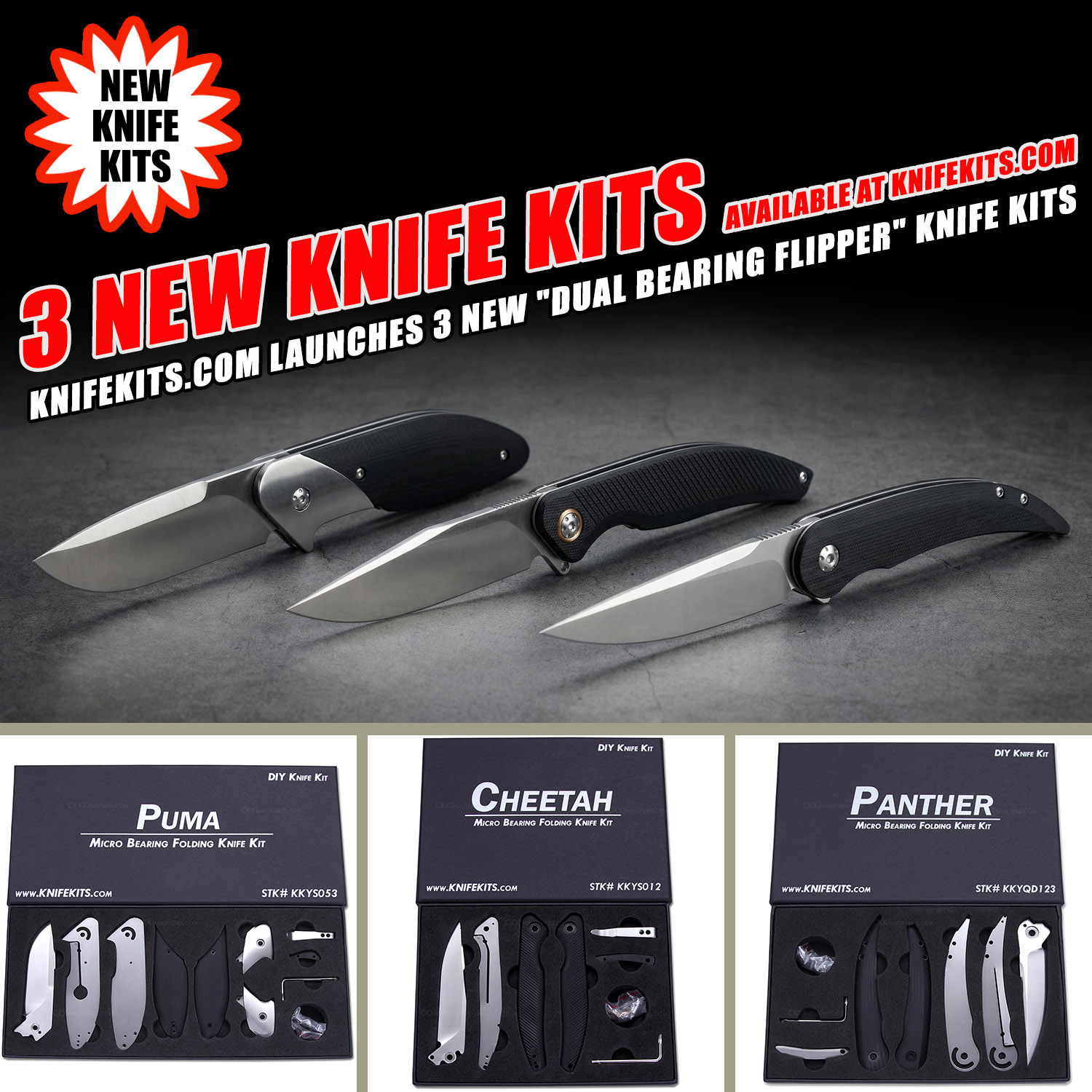 Puma, Cheetah, and Panther dual bearing flipper knife kits with black G10 handles displayed side by side